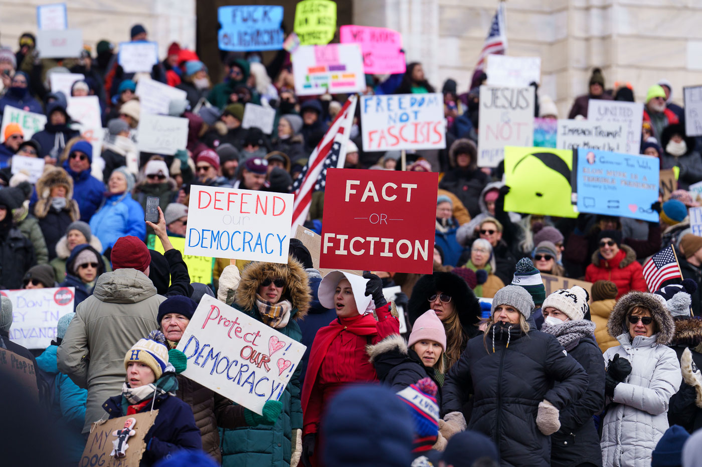 Protesters gathered at the Minnesota State Capitol on February 5, 2025 to protest actions taken by President Trump and Elon Musk. The protest was part of a nationwide protest said to be held in all 50 states.