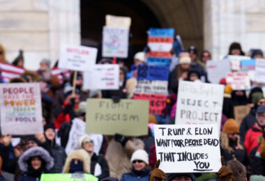 Protesters gathered at the Minnesota State Capitol on February 5, 2025 to protest actions taken by President Trump and Elon Musk. The protest was part of a nationwide protest said to be held in all 50 states.