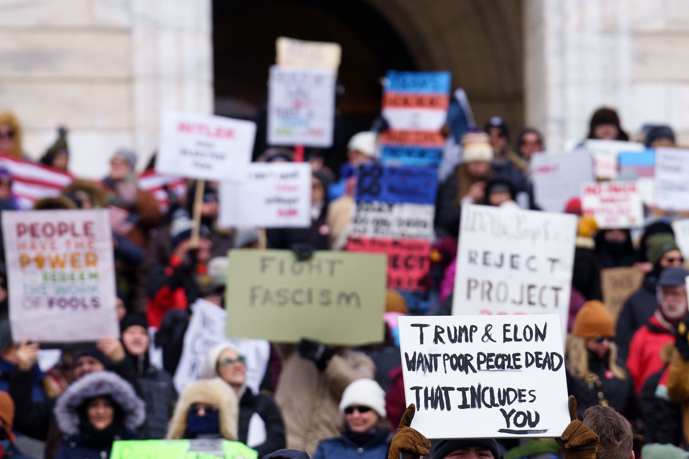 Protesters gathered at the Minnesota State Capitol on February 5, 2025 to protest actions taken by President Trump and Elon Musk. The protest was part of a nationwide protest said to be held in all 50 states.