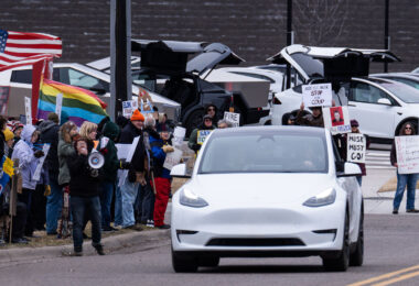 About 500 protesters outside Tesla in Minneapolis (Golden Valley) with signs reading “NOT PAID JUST PISSED”, “Tesla Funds Fascists”, “Save the VA”, “No Vet Left Behind”, Make Nazis Afraid Again” to name a few. This is the 7th weekend in a row of protests at this showroom.