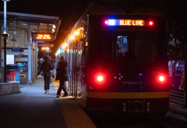 A Blue Line train at the Cedar Riverside stop in Minneapolis.