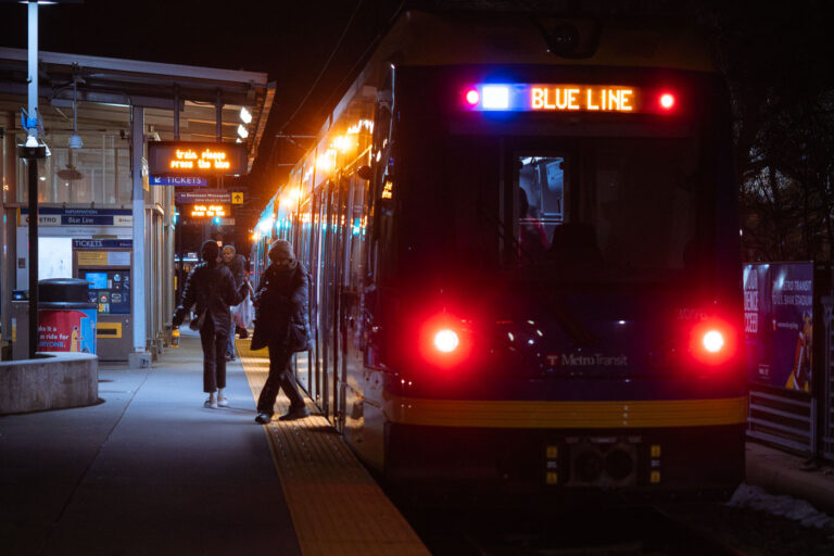 Blue Line train at Cedar Riverside LRT 1 A Blue Line train at the Cedar Riverside stop in Minneapolis.