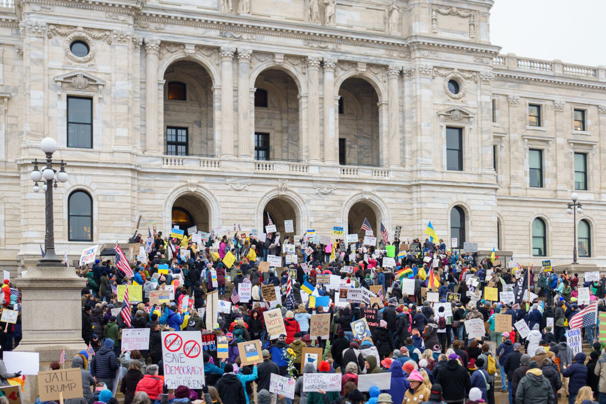 Protesters at the Minnesota State Capitol in St. Paul, Minnesota on March 4, 2025.  Taking place on the afternoon of President Trump’s first address to joint session in congress, they are protesting the actions of the Trump Administration and Elon Musk’s involvement. The protest was organized along with others around the nation part of the “50501 protests”. This is the first of two planned protests. Another is planned for Saturday at the State Capitol.