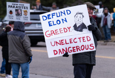 About 500 protesters outside Tesla in Minneapolis (Golden Valley) with signs reading “NOT PAID JUST PISSED”, “Tesla Funds Fascists”, “Save the VA”, “No Vet Left Behind”, Make Nazis Afraid Again” to name a few. This is the 7th weekend in a row of protests at this showroom.