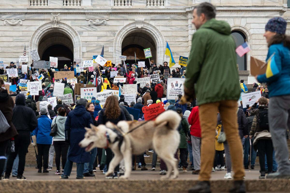 Protesters at the Minnesota State Capitol in St. Paul, Minnesota on March 4, 2025.  Taking place on the afternoon of President Trump’s first address to joint session in congress, they are protesting the actions of the Trump Administration and Elon Musk’s involvement. 

The protest was organized as part of the “50501” protests taking place around the country. This is the first of two planned protests this week. Another is planned for Saturday at the State Capitol.