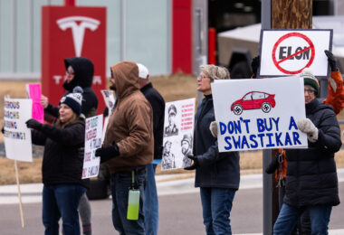 About 500 protesters outside Tesla in Minneapolis (Golden Valley) with signs reading “NOT PAID JUST PISSED”, “Tesla Funds Fascists”, “Save the VA”, “No Vet Left Behind”, Make Nazis Afraid Again” to name a few. This is the 7th weekend in a row of protests at this showroom.