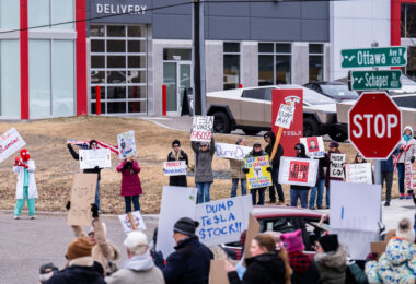 About 500 protesters outside Tesla in Minneapolis (Golden Valley) with signs reading “NOT PAID JUST PISSED”, “Tesla Funds Fascists”, “Save the VA”, “No Vet Left Behind”, Make Nazis Afraid Again” to name a few. This is the 7th weekend in a row of protests at this showroom.