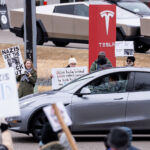 About 500 protesters outside Tesla in Minneapolis (Golden Valley) with signs reading “NOT PAID JUST PISSED”, “Tesla Funds Fascists”, “Save the VA”, “No Vet Left Behind”, Make Nazis Afraid Again” to name a few. This is the 7th weekend in a row of protests at this showroom.