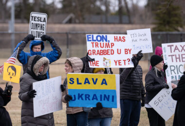 About 500 protesters outside Tesla in Minneapolis (Golden Valley) with signs reading “NOT PAID JUST PISSED”, “Tesla Funds Fascists”, “Save the VA”, “No Vet Left Behind”, Make Nazis Afraid Again” to name a few. This is the 7th weekend in a row of protests at this showroom.