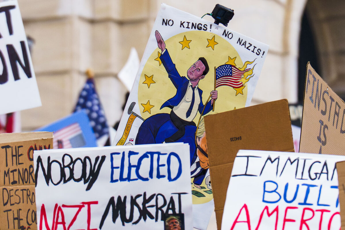 Protest sign from St. Paul Minnesota that reads "No Kings! No Nazis!".

Taken at a protest against Elon Musk and the Trump Administration on March 5, 2025.