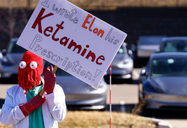 A protester at the Tesla facility just outside of Minneapolis (Golden Valley) on March 1, 2025.

Protesters have been gathering each Saturday for weeks now protesting Elon Musk, Tesla and the current administration.