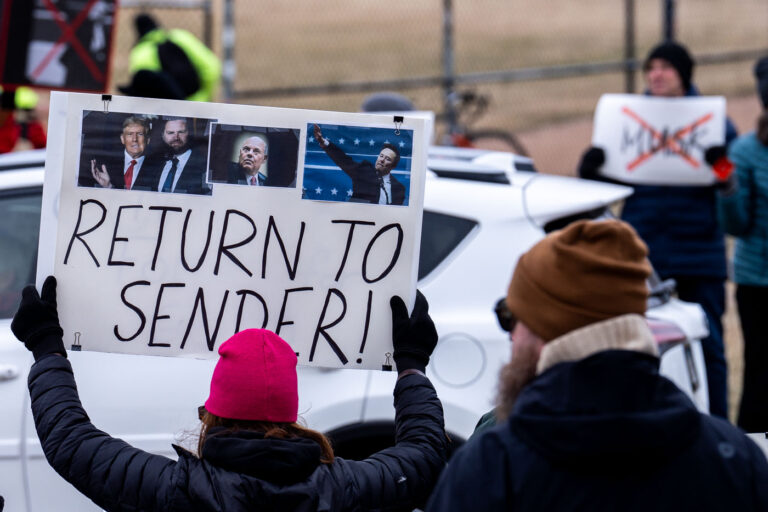 Elon Musk Return to sender protest sign Minnesota 2 About 500 protesters outside Tesla in Minneapolis (Golden Valley) with signs reading “NOT PAID JUST PISSED”, “Tesla Funds Fascists”, “Save the VA”, “No Vet Left Behind”, Make Nazis Afraid Again” to name a few. This is the 7th weekend in a row of protests at this showroom.