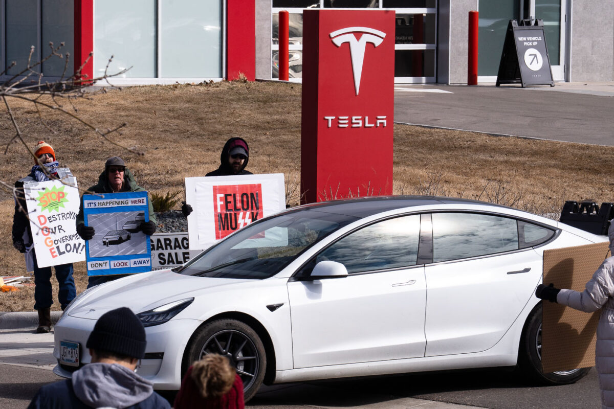 Tesla Takedown protest at a Tesla showroom in Minneapolis (Golden Valley) on March 22, 2025. This is the 6th week in a row protesters have gathered. The crowd has continued to grow exponentially each week.