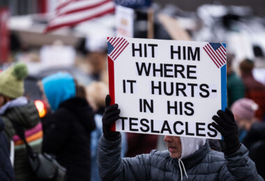 About 500 protesters outside Tesla in Minneapolis (Golden Valley) with signs reading “NOT PAID JUST PISSED”, “Tesla Funds Fascists”, “Save the VA”, “No Vet Left Behind”, Make Nazis Afraid Again” to name a few. This is the 7th weekend in a row of protests at this showroom.