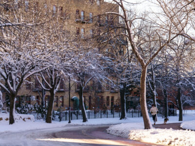 Jogging with dog in Downtown Minneapolis after snowstorm