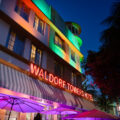 Neon sign on Waldorf Towers Hoitel in South Beach Miami