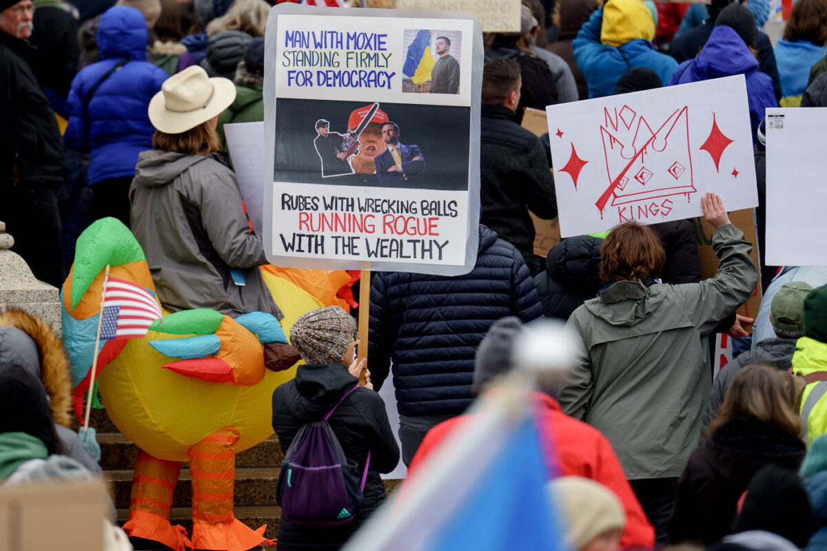 Protesters at the Minnesota State Capitol in St. Paul, Minnesota on March 4, 2025.  Taking place on the afternoon of President Trump’s first address to joint session in congress, they are protesting the actions of the Trump Administration and Elon Musk’s involvement. The protest was organized along with others around the nation part of the “50501 protests”. This is the first of two planned protests. Another is planned for Saturday at the State Capitol.