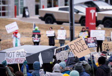 About 500 protesters outside Tesla in Minneapolis (Golden Valley) with signs reading “NOT PAID JUST PISSED”, “Tesla Funds Fascists”, “Save the VA”, “No Vet Left Behind”, Make Nazis Afraid Again” to name a few. This is the 7th weekend in a row of protests at this showroom.
