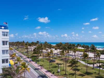 Aerial View of Ocean Drive Along Lummus Park, Miami Beach