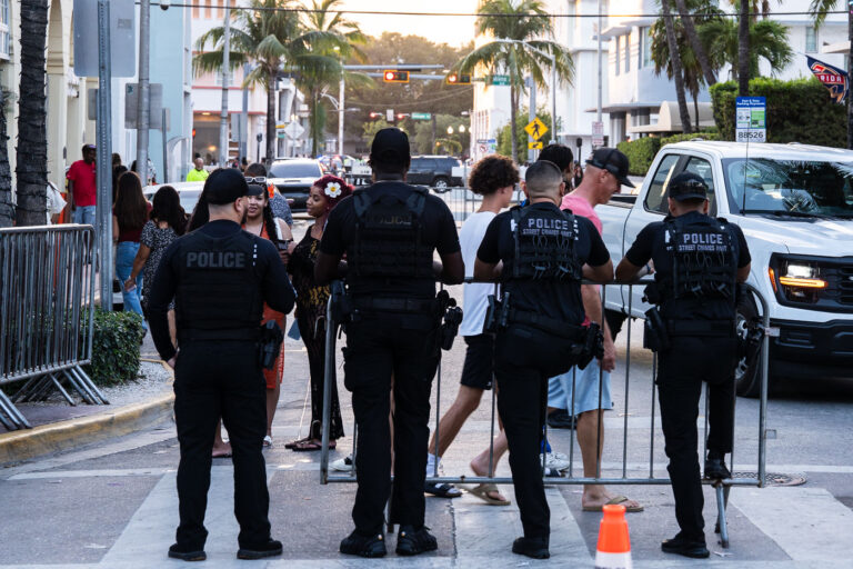 Police during Spring Break in South Beach Miami Beach 2025 1 Police in South Beach during 2025 Spring Break. The city of Miami Beach essentially shut down Spring Break with heavy access restrictions.