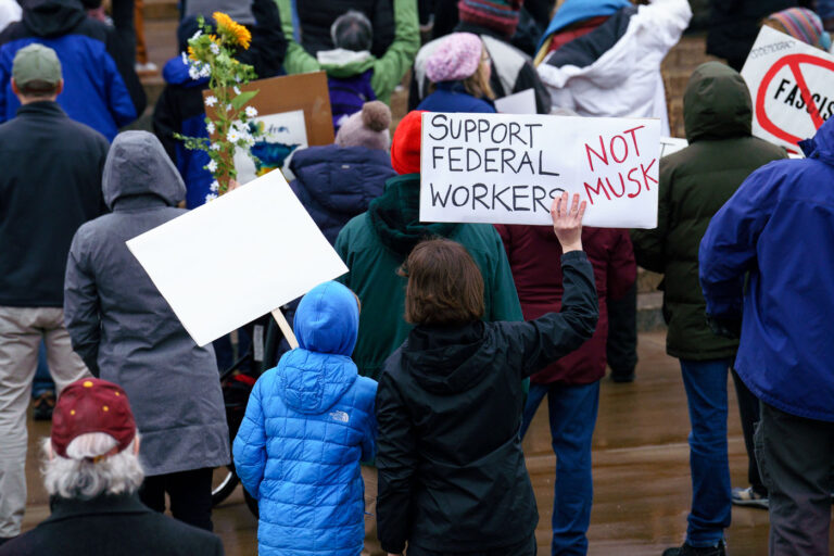 Support Federal Workers Not Musk! Protest sign 4 Protesters at the Minnesota State Capitol in St. Paul, Minnesota on March 4, 2025. Taking place on the afternoon of President Trump’s first address to joint session in congress, they are protesting the actions of the Trump Administration and Elon Musk’s involvement. The protest was organized as part of the “50501” protests taking place around the country. This is the first of two planned protests this week. Another is planned for Saturday at the State Capitol.