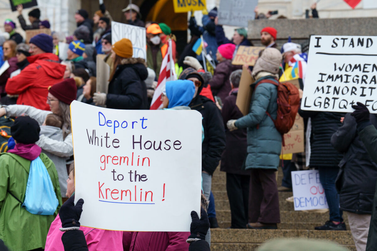 Protesters at the Minnesota State Capitol in St. Paul, Minnesota on March 4, 2025.  Taking place on the afternoon of President Trump’s first address to joint session in congress, they are protesting the actions of the Trump Administration and Elon Musk’s involvement. The protest was organized along with others around the nation part of the “50501 protests”. This is the first of two planned protests. Another is planned for Saturday at the State Capitol.