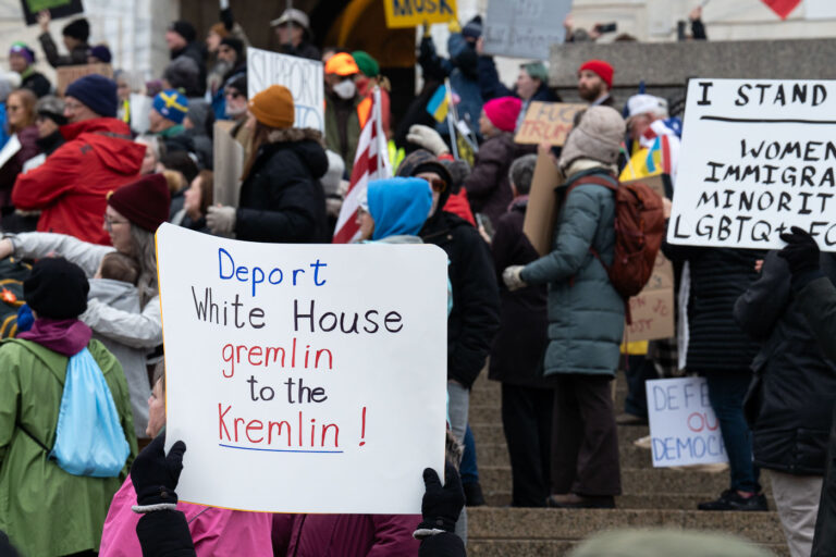 50501 MN Protest: Deport White House Gremlin 3 "Deport White House Gremlin To The Kremlin!" protest sign.
Protesters at the Minnesota State Capitol in St. Paul, Minnesota on March 4, 2025. Taking place on the afternoon of President Trump’s first address to joint session in congress, they are protesting the actions of the Trump Administration and Elon Musk’s involvement.
The protest was organized as part of the “50501” protests taking place around the country. This is the first of two planned protests this week. Another is planned for Saturday at the State Capitol.