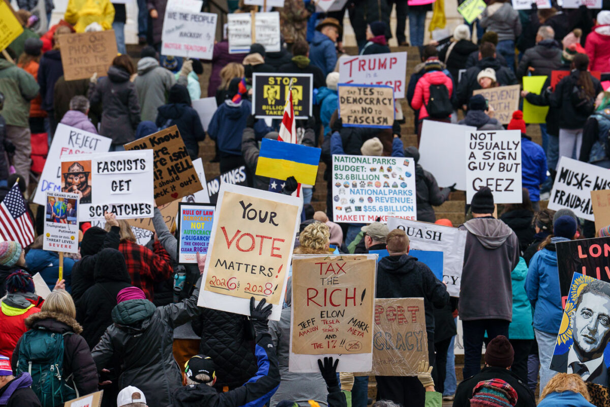 Protesters at the Minnesota State Capitol in St. Paul, Minnesota on March 4, 2025.  Taking place on the afternoon of President Trump’s first address to joint session in congress, they are protesting the actions of the Trump Administration and Elon Musk’s involvement. The protest was organized along with others around the nation part of the “50501 protests”. This is the first of two planned protests. Another is planned for Saturday at the State Capitol.