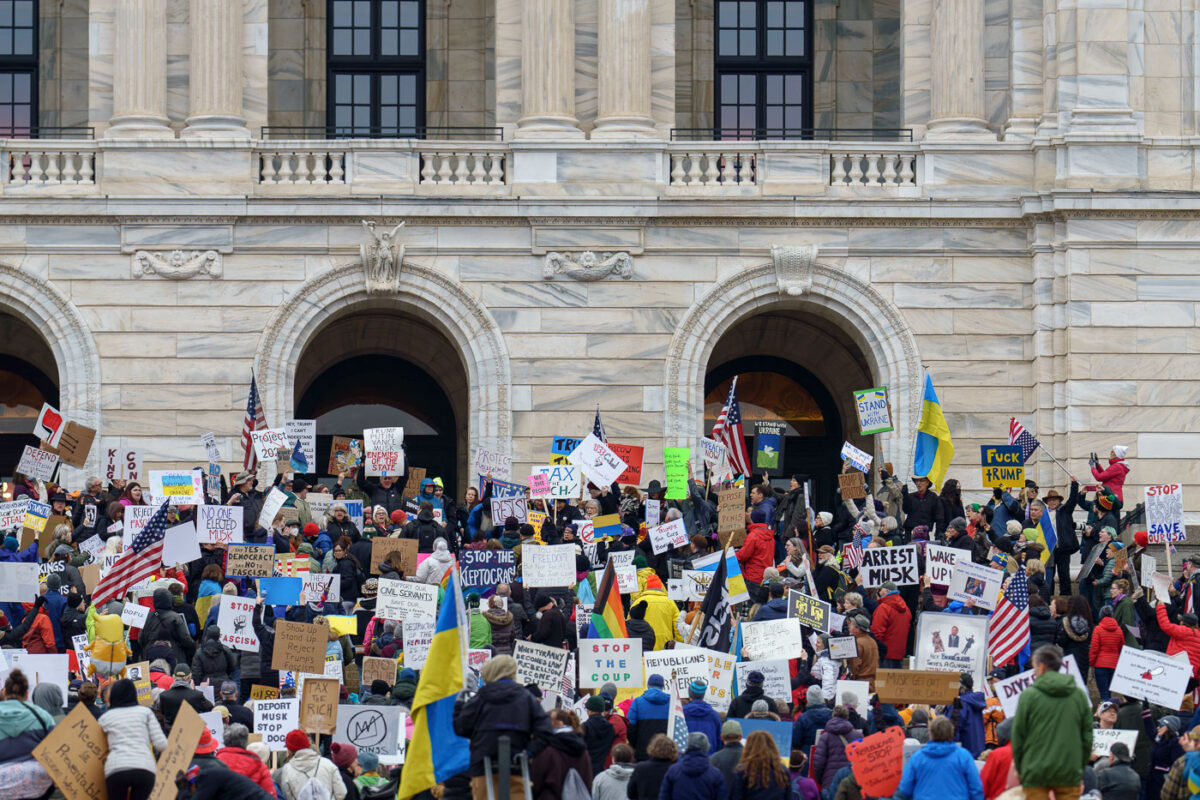 Protesters at the Minnesota State Capitol in St. Paul, Minnesota on March 4, 2025.  Taking place on the afternoon of President Trump’s first address to joint session in congress, they are protesting the actions of the Trump Administration and Elon Musk’s involvement. The protest was organized along with others around the nation part of the “50501 protests”. This is the first of two planned protests. Another is planned for Saturday at the State Capitol.