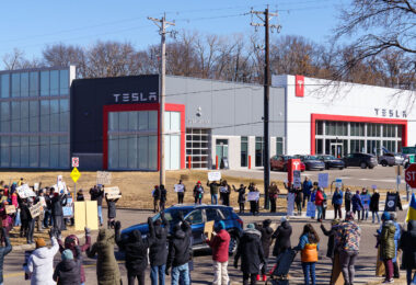 Protesters outside of a Tesla facility in Golden Valley, Minnesota on March 1st, 2025. 

This is the third weekend in a row they've gathered to protest the actions of Elon Musk and the current administration.