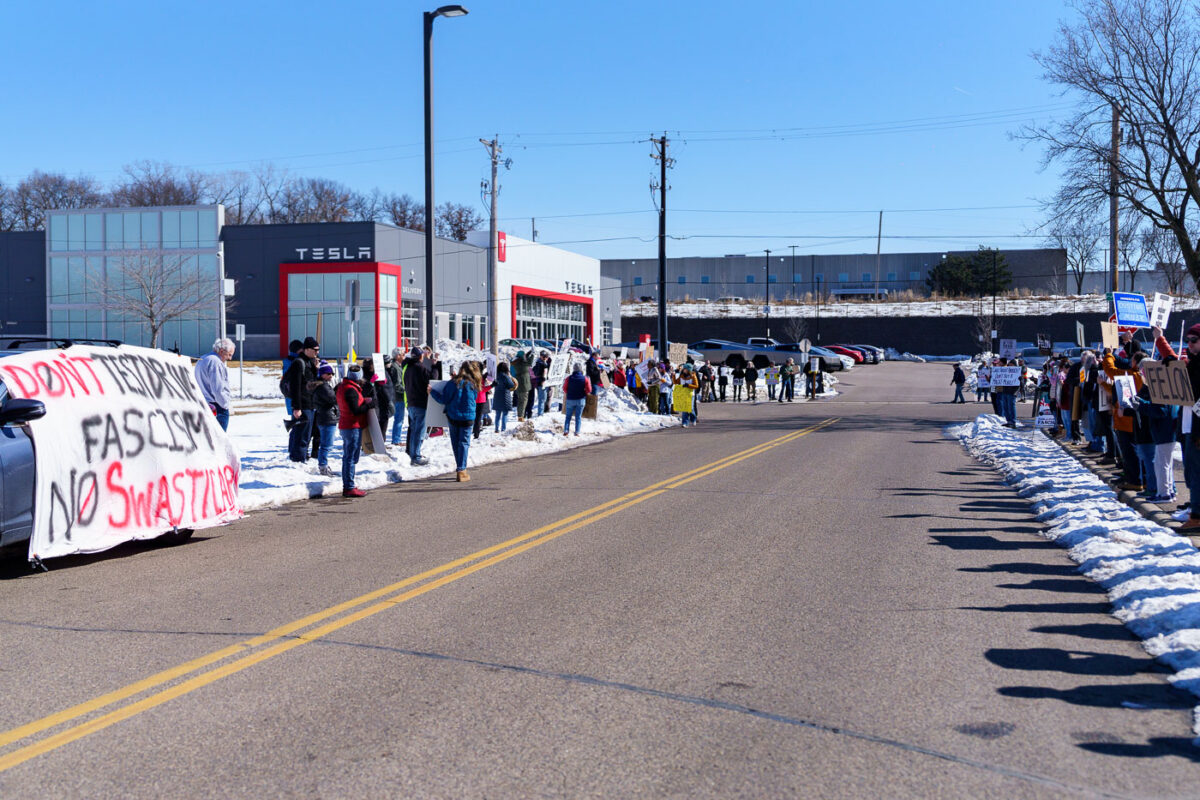 Protesters at a Tesla Facility just outside of Minneapolis (Golden Valley) on March 8, 2025.

This is the 4th week in a row protesters have gathered here as part of the nationwide Tesla Takedown organizing.