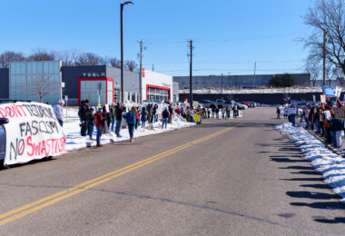 Protesters at a Tesla Facility just outside of Minneapolis (Golden Valley) on March 8, 2025.

This is the 4th week in a row protesters have gathered here as part of the nationwide Tesla Takedown organizing.