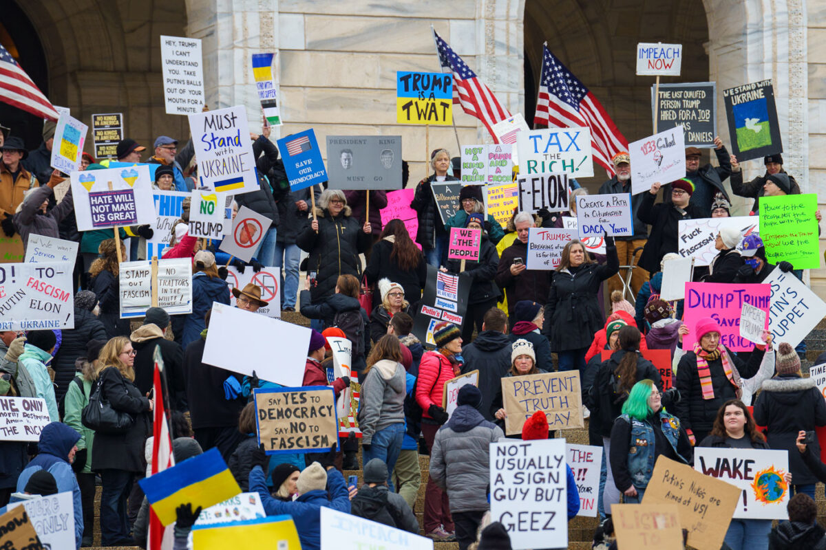 Protesters at the Minnesota State Capitol in St. Paul, Minnesota on March 4, 2025.  Taking place on the afternoon of President Trump’s first address to joint session in congress, they are protesting the actions of the Trump Administration and Elon Musk’s involvement. The protest was organized along with others around the nation part of the “50501 protests”. This is the first of two planned protests. Another is planned for Saturday at the State Capitol.