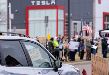 About 500 protesters outside Tesla in Minneapolis (Golden Valley) with signs reading “NOT PAID JUST PISSED”, “Tesla Funds Fascists”, “Save the VA”, “No Vet Left Behind”, Make Nazis Afraid Again” to name a few. This is the 7th weekend in a row of protests at this showroom.