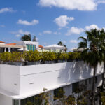 Looking at the rooftop pool from the rooftop of the Tony Hotel in South Beach Miami Florida.