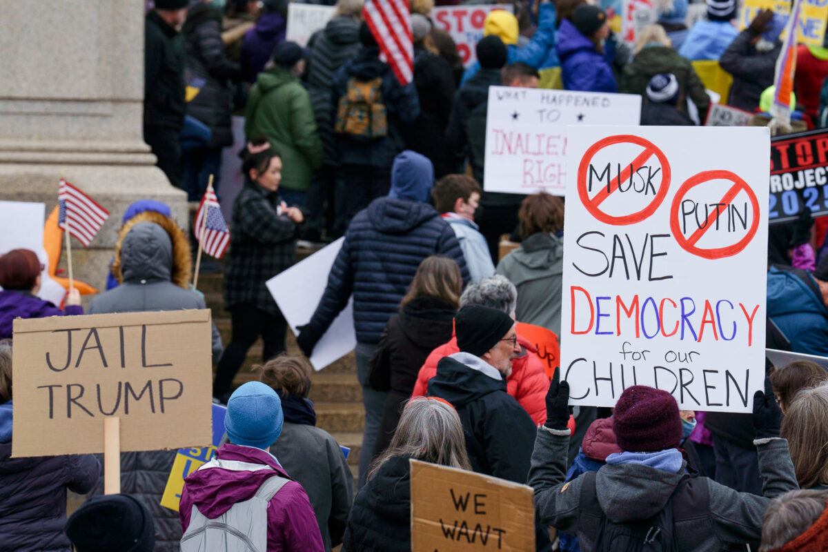 Protesters at the Minnesota State Capitol in St. Paul, Minnesota on March 4, 2025.  Taking place on the afternoon of President Trump’s first address to joint session in congress, they are protesting the actions of the Trump Administration and Elon Musk’s involvement. 

The protest was organized as part of the “50501” protests taking place around the country. This is the first of two planned protests this week. Another is planned for Saturday at the State Capitol.