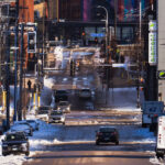 Spring snow and North 5th Street in Downtown Minneapolis.