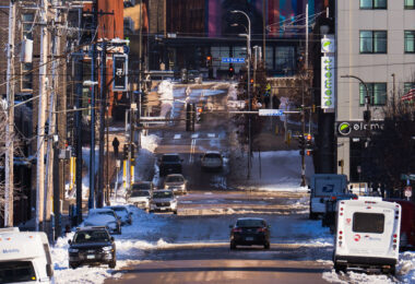 Spring snow and North 5th Street in Downtown Minneapolis.