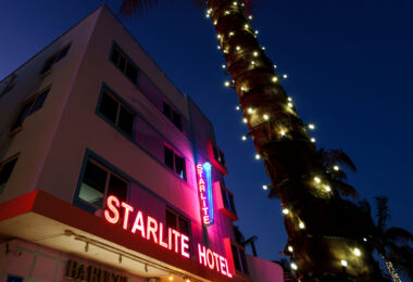 The Starlite Hotel lit up at night during 2025 Spring Break in South Beach.