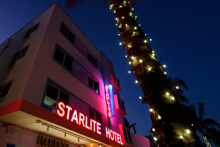 Starlite Hotel in Miami Beach Florida 3 The Starlite Hotel lit up at night during 2025 Spring Break in South Beach.