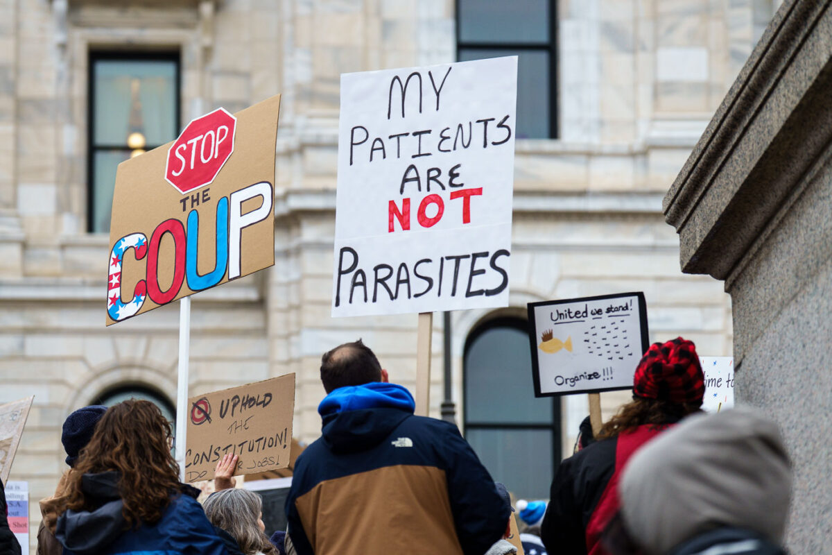 Protesters at the Minnesota State Capitol in St. Paul, Minnesota on March 4, 2025.  Taking place on the afternoon of President Trump’s first address to joint session in congress, they are protesting the actions of the Trump Administration and Elon Musk’s involvement. 

The protest was organized as part of the “50501” protests taking place around the country. This is the first of two planned protests this week. Another is planned for Saturday at the State Capitol.