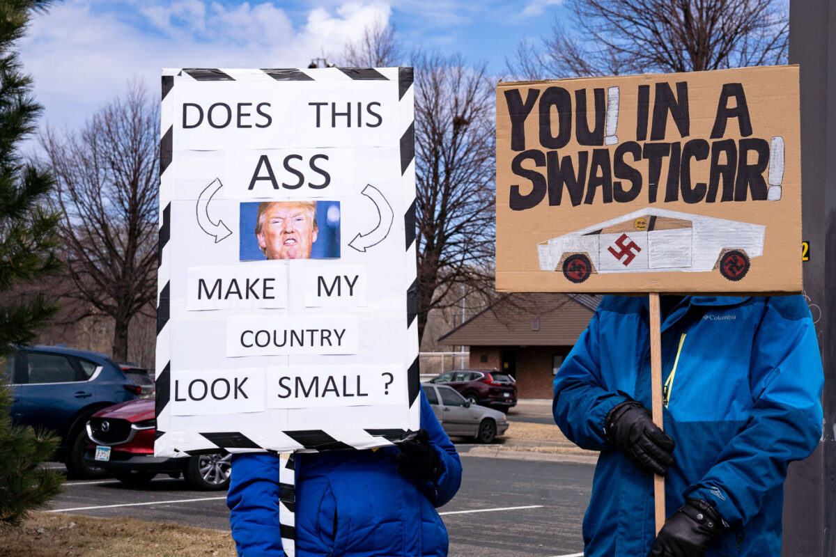 Tesla Takedown protest at a Tesla showroom in Minneapolis (Golden Valley) on March 22, 2025. This is the 6th week in a row protesters have gathered. The crowd has continued to grow exponentially each week.