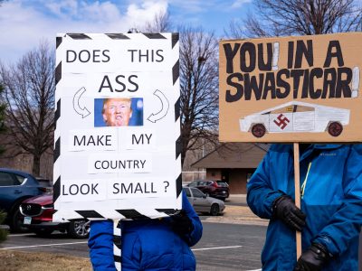 "Swasticar" and Trump Signs, Tesla Takedown Protest, Golden Valley
