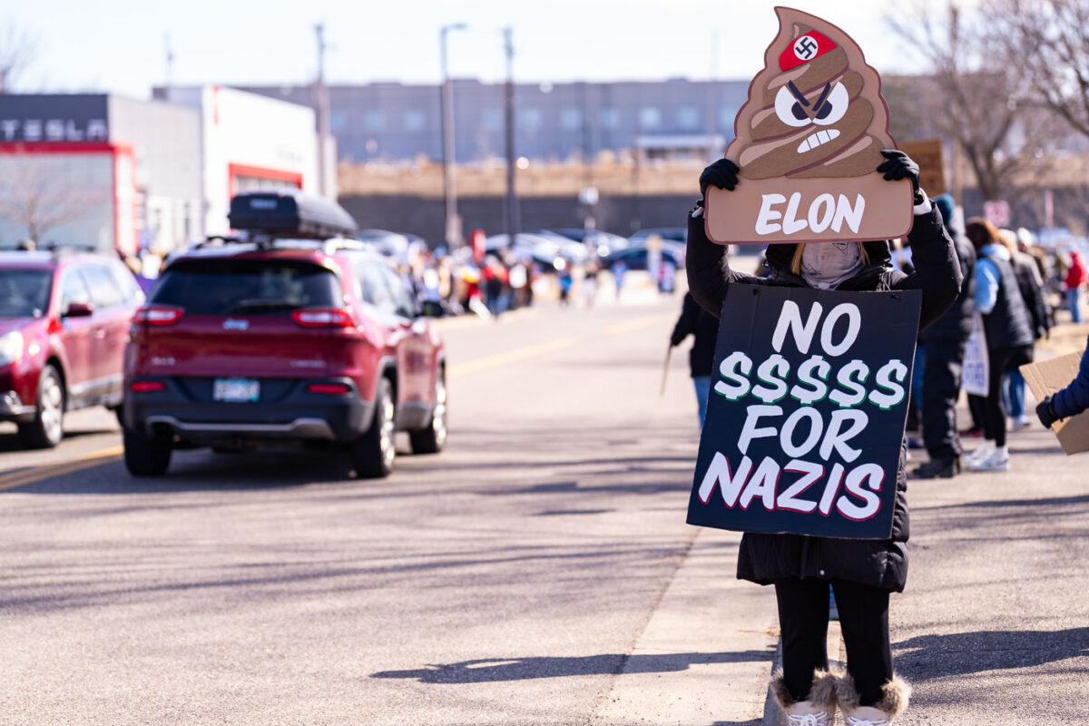 Tesla Takedown protest at a Tesla showroom in Minneapolis (Golden Valley) on March 22, 2025. This is the 6th week in a row protesters have gathered. The crowd has continued to grow exponentially each week.