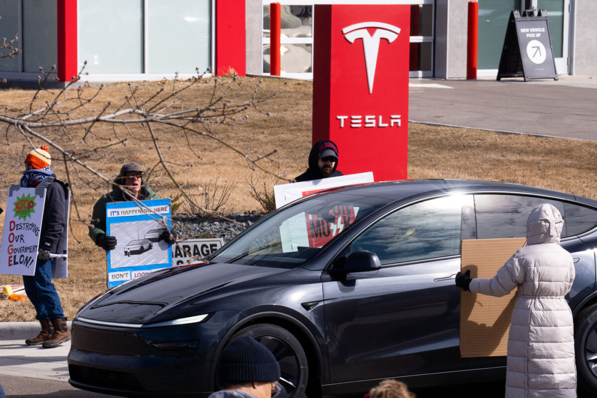 Tesla Takedown protest at a Tesla showroom in Minneapolis (Golden Valley) on March 22, 2025. This is the 6th week in a row protesters have gathered. The crowd has continued to grow exponentially each week.