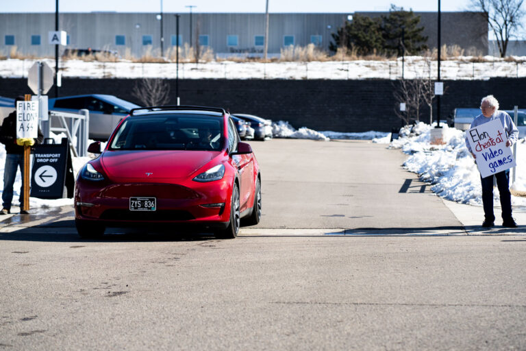 Tesla takedown Elon Cheats at Video Games 3 Tesla vehicle leaves a Tesla Facility just outside of Minneapolis (Golden Valley) on March 8, 2025.
This is the 4th week in a row protesters have gathered here as part of the nationwide Tesla Takedown organizing.