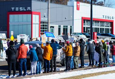 Tesla Cybertruck drives to a Tesla Facility just outside of Minneapolis (Golden Valley) on March 8, 2025.

This is the 4th week in a row protesters have gathered here as part of the nationwide Tesla Takedown organizing.