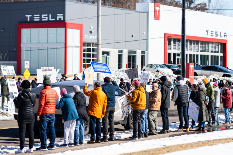 Tesla Takedown Protest Golden Valley MN March 8, 2025 1 Tesla Cybertruck drives to a Tesla Facility just outside of Minneapolis (Golden Valley) on March 8, 2025.This is the 4th week in a row protesters have gathered here as part of the nationwide Tesla Takedown organizing.