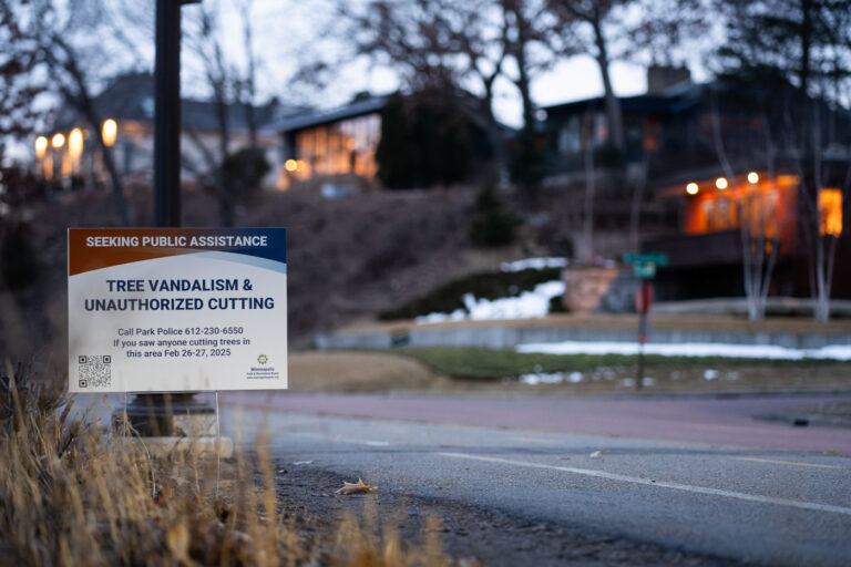 Tree Vandalism and Unauthorized Cutting 3 A yard sign from the Minneapolis park and Recreation Board seeking to find those responsible for cutting down large trees.