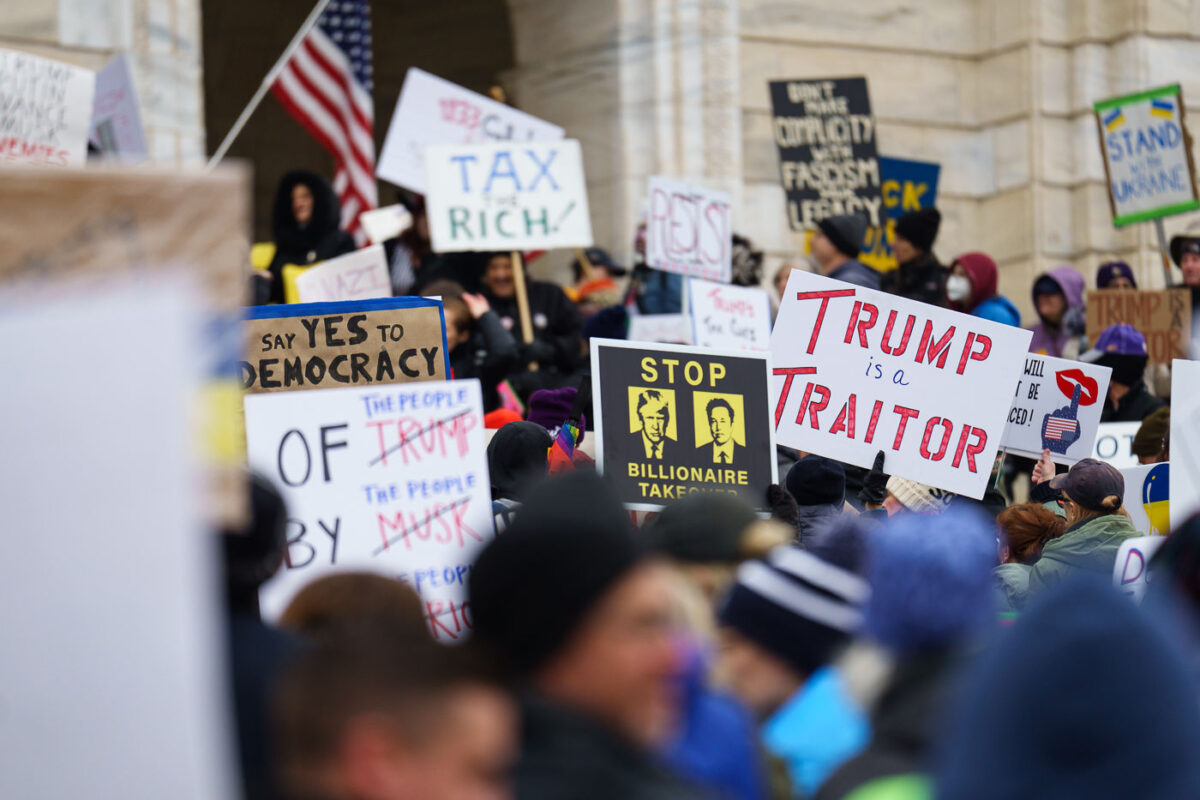 Protesters at the Minnesota State Capitol in St. Paul, Minnesota on March 4, 2025.  Taking place on the afternoon of President Trump’s first address to joint session in congress, they are protesting the actions of the Trump Administration and Elon Musk’s involvement. The protest was organized along with others around the nation part of the “50501 protests”. This is the first of two planned protests. Another is planned for Saturday at the State Capitol.